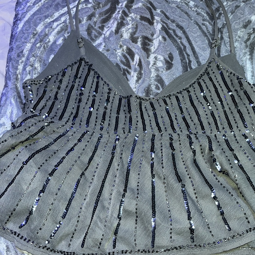 #620-(S)Forever 21 Grey Rayon Spaghetti Strap sequence Top